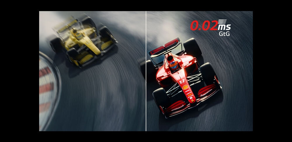 Monitor LG UltraGear 27GX790B-B 26.5 cala OLED 2560x1440px 540Hz 0.02 ms [GTG]  pokazanie działania 0.02 ms GtG bolidy na torze, brak smużenia, ostrość w ruchu