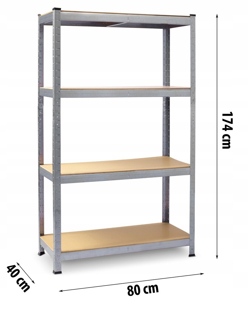 Metalowy regał magazynowy z czterema półkami, o wymiarach 174 cm wysokości, 80 cm szerokości i 40 cm głębokości. Półki wykonane są z jasnego materiału, a konstrukcja z metalu.