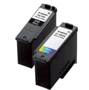 Dwa kartridże atramentowe marki Canon, jeden oznaczony jako PG-595 Black, drugi jako CL-586XL Color.