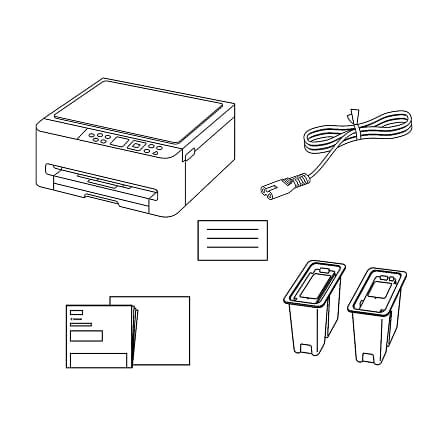 Ilustracja przedstawia urządzenie wielofunkcyjne z panelem sterowania, kabel z wtyczką, dwie kasety z tuszem oraz stos papieru. Obok znajduje się prostokąt z trzema liniami tekstu.