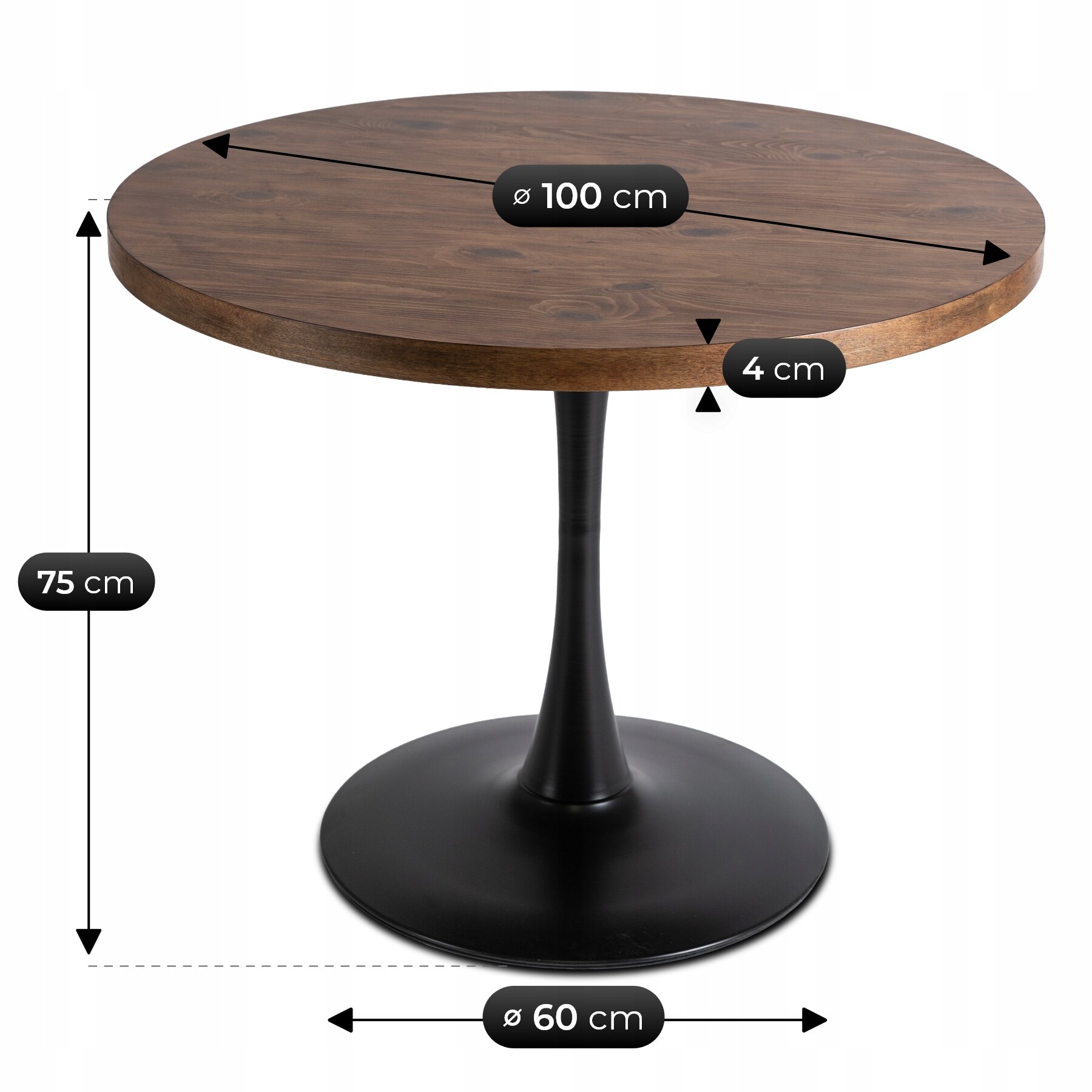 Okrągły stół z drewnianym blatem o średnicy 100 cm i grubości 4 cm, na czarnej, metalowej nodze o średnicy podstawy 60 cm i wysokości 75 cm. Na obrazie widoczne są wymiary stołu oznaczone strzałkami i tekstem.
