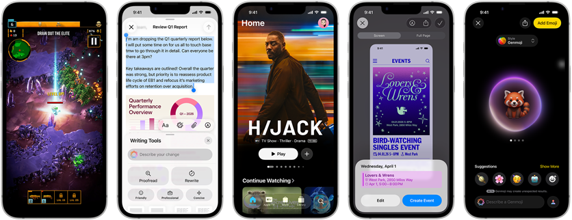 Urządzenia iPhone 17e obok siebie z różnymi ekranami, a na nich: rozgrywana gra, Narzędzia pisania, aplikacja Apple TV, wydarzenie w kalendarzu w trakcie tworzenia, tworzenie Genmoji