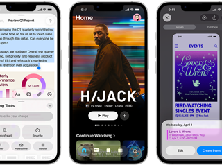 Urządzenia iPhone 17e obok siebie z różnymi ekranami, a na nich: rozgrywana gra, Narzędzia pisania, aplikacja Apple TV, wydarzenie w kalendarzu w trakcie tworzenia, tworzenie Genmoji