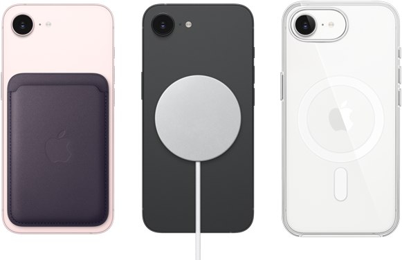 iPhone 17e, tył obudowy, kolor jasnoróżowy, portfel z&nbsp;tkaniny FineWoven z&nbsp;MagSafe. iPhone 17e, tył obudowy, kolor czarny, podłączona ładowarka MagSafe. iPhone 17e, tył obudowy, kolor biały,  przezroczyste etui z&nbsp;MagSafe