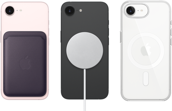 iPhone 17e, tył obudowy, kolor jasnoróżowy, portfel z&nbsp;tkaniny FineWoven z&nbsp;MagSafe. iPhone 17e, tył obudowy, kolor czarny, podłączona ładowarka MagSafe. iPhone 17e, tył obudowy, kolor biały,  przezroczyste etui z&nbsp;MagSafe