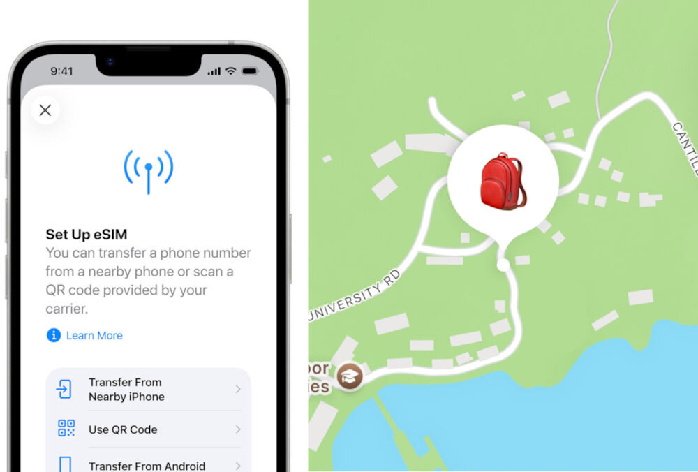 Smartfon APPLE iPhone 17e Zrzut ekranu iPhone'a pokazujący proces konfiguracji karty eSIM oraz fragment mapy w aplikacji Znajdź (Find My) z ikoną czerwonego plecaka oznaczającą lokalizację przedmiotu.