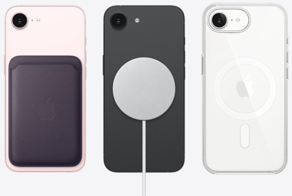 Smartfon APPLE iPhone 17e Tył trzech iPhone'ów prezentujący akcesoria MagSafe: ciemnofioletowy skórzany portfel przyczepiony do różowej obudowy, srebrna ładowarka MagSafe na czarnym telefonie oraz przezroczyste etui z widocznym pierścieniem magnetycznym na białym modelu.