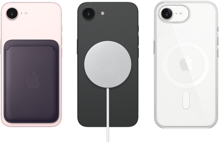 iPhone 17e, tył obudowy, kolor jasnoróżowy, portfel z&nbsp;tkaniny FineWoven z&nbsp;MagSafe. iPhone 17e, tył obudowy, kolor czarny, podłączona ładowarka MagSafe. iPhone 17e, tył obudowy, kolor biały,  przezroczyste etui z&nbsp;MagSafe