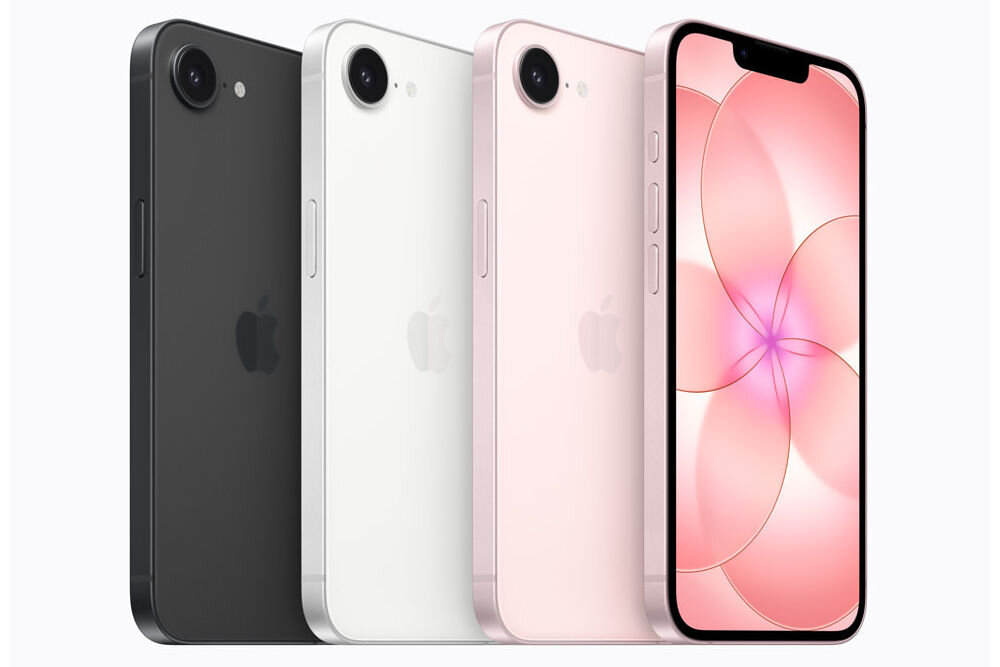 Smartfon APPLE iPhone 17e Cztery smartfony iPhone SE czwartej generacji ustawione w rzędzie, prezentujące dostępne warianty kolorystyczne: czarny, biały oraz różowy. Ostatni telefon ukazuje przedni panel z wyświetlaczem wypełniającym niemal cały front i tapetą w różowe kwiaty.