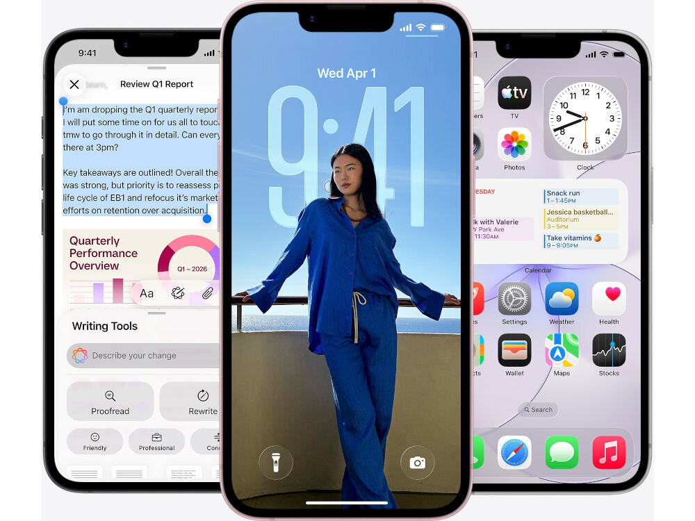 Smartfon APPLE iPhone 17e Trzy smartfony iPhone prezentujące funkcje Apple Intelligence: po lewej narzędzia do korekty i redagowania tekstu (Writing Tools), na środku efekt głębi na ekranie blokady, po prawej ekran główny z inteligentnymi widgetami i sugestiami Siri.