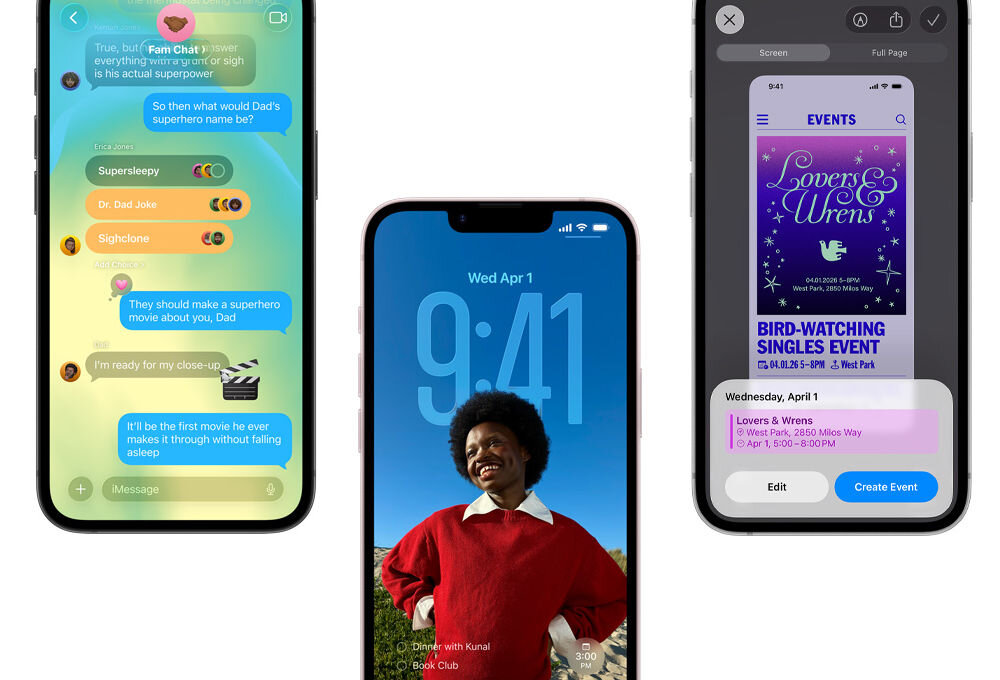 Smartfon APPLE iPhone 17e Trzy ekrany iPhone'a prezentujące funkcje systemu iOS: po lewej interfejs aplikacji iMessage z kolorowymi bąbelkami czatu i ankietą, na środku spersonalizowany ekran blokady ze zdjęciem portretowym i zegarem, po prawej menu tworzenia wydarzenia w kalendarzu na podstawie zrzutu ekranu.