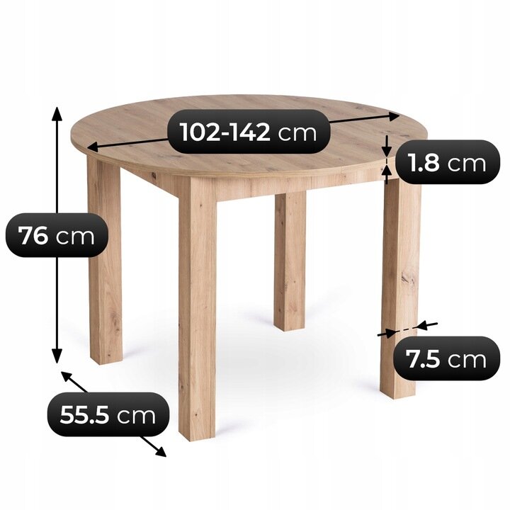 Na obrazie widoczny jest drewniany stół o okrągłym blacie z wymiarami: średnica 102-142 cm, wysokość 76 cm, grubość blatu 1.8 cm, szerokość nóg 7.5 cm i odległość między nogami 55.5 cm. Stół ma naturalny kolor drewna.