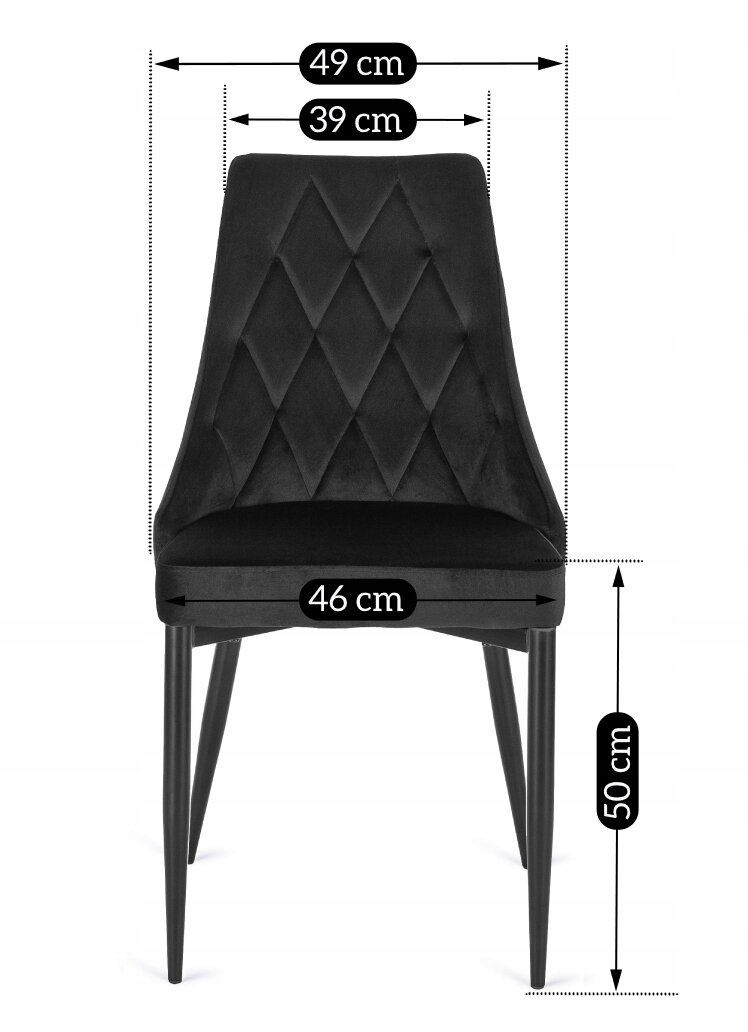 Czarne krzesło z pikowanym oparciem, z wymiarami: szerokość 49 cm, głębokość 39 cm, szerokość siedziska 46 cm, wysokość siedziska 50 cm.
