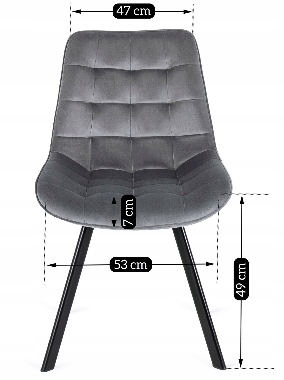 Krzesło tapicerowane w kolorze szarym z czarnymi nogami, z wymiarami: szerokość 47 cm, głębokość 53 cm, wysokość siedziska 49 cm, grubość siedziska 7 cm.