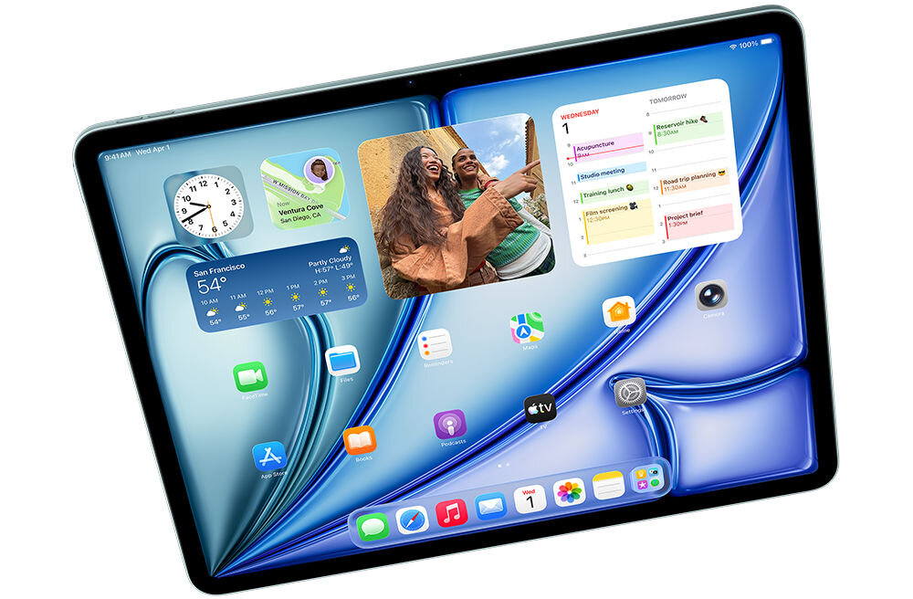TABLET APPLE IPAD AIR 2026 M4 iPad Air wyświetlający ekran główny iPadOS z widżetami i niebieską tapetą apple intelligence sztuczna inteligencja inteligentny asystent ochrona prywatności