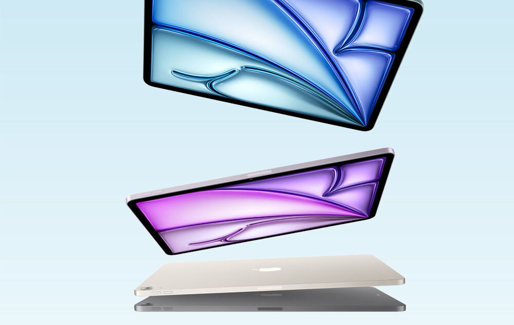 TABLET APPLE IPAD AIR 2026 M4 iPad Air z wyświetlaczem Liquid Retina Cztery kolorowe iPady Air (niebieski, fioletowy, złoty, szary) lewitujące na jasnym tle