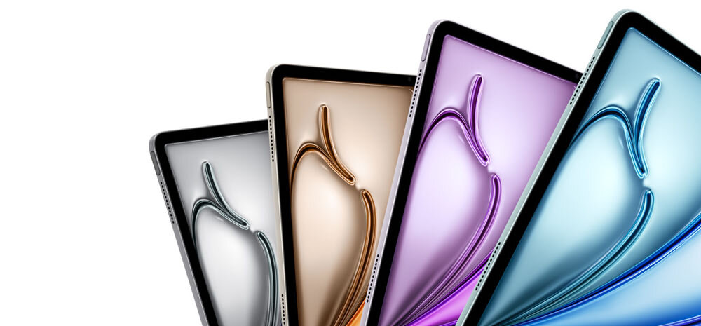 TABLET APPLE IPAD AIR 2026 M4 Zbliżenie na cztery iPady Air ułożone kaskadowo, prezentujące kolory: gwiezdną szarość, księżycową poświatę, fioletowy i niebieski Tablet iPad Air w czterech kolorach i wersjach pamięci 128 GB, 256 GB, 512 GB oraz 1 TB