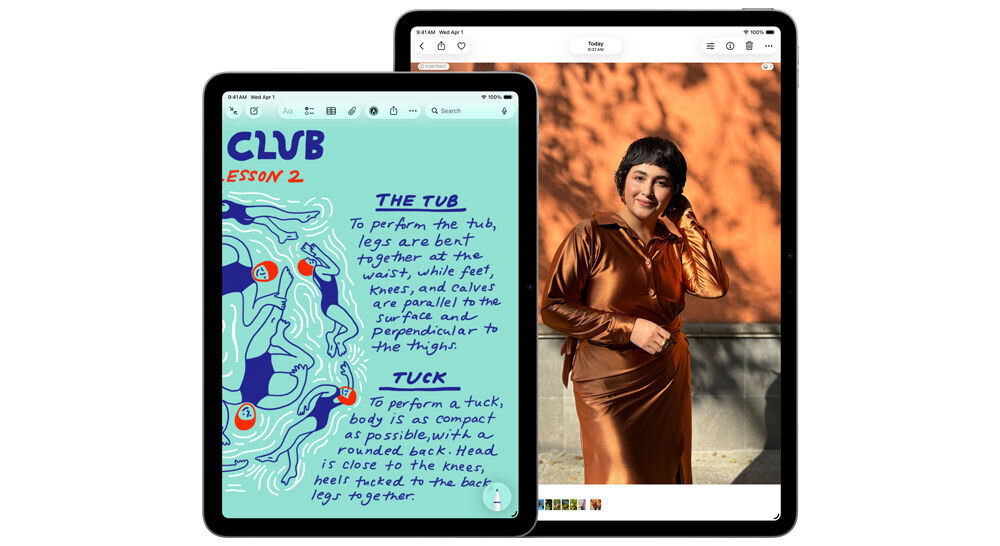 TABLET APPLE IPAD AIR 2026 M4 Dwa iPady Air obok siebie – jeden wyświetla ilustrowane instrukcje ćwiczeń, drugi portretowe zdjęcie kobiety w brązowej sukience wyświetlaczem Liquid Retina dostępny w rozmiarach 11 cali oraz 13 cali