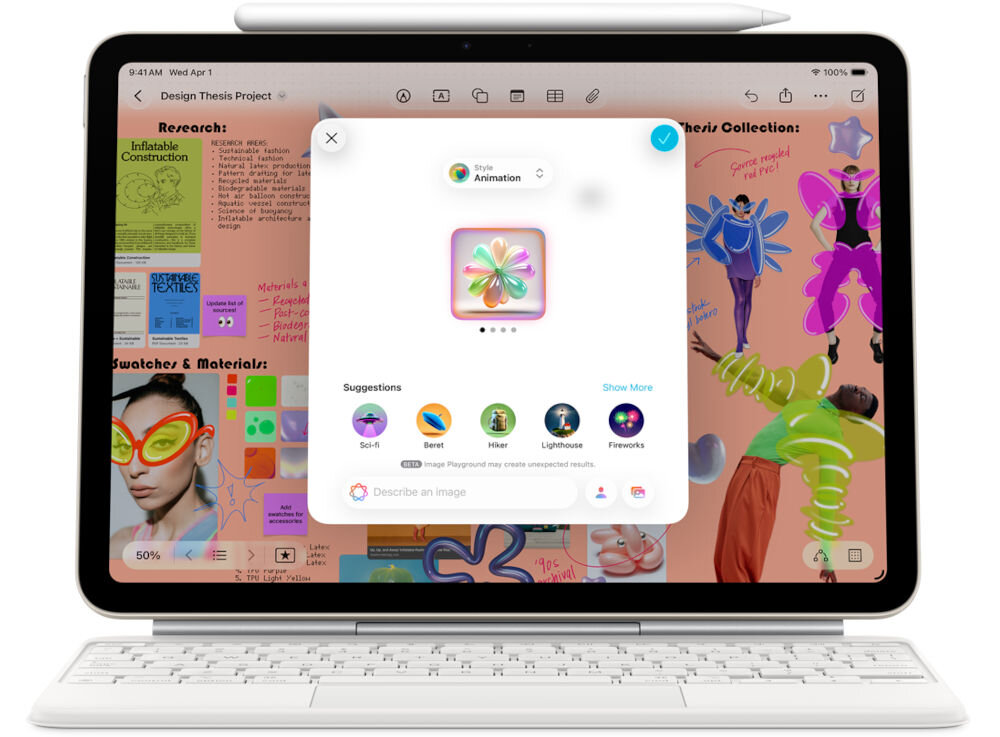 TABLET APPLE IPAD AIR 2026 M4 iPad Air z klawiaturą i rysikiem, wyświetlający generator obrazów „Image Playground” apple pencil magic keyboard app store aplikacja milion aplikacji programów