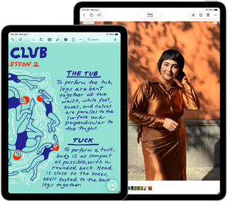 Dwa iPady Air w rozmiarach 11 i 13 cali, na ekranie 11‑calowego modelu przedstawiony jest kolorowy tekst w aplikacji Notatki, na ekranie 13‑calowego modelu przedstawione jest zdjęcie osoby w aplikacji Zdjęcia