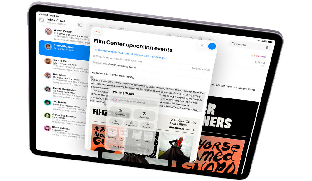 TABLET APPLE IPAD AIR 2026 M4 iPad Air z otwartym menu AI „Writing Tools” w aplikacji Poczta rózdźka graficzna narzędzie do pisania tworzenie obrazów tworzenie tekstu