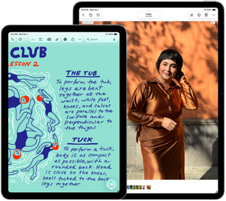 Dwa iPady Air w rozmiarach 11 i 13 cali, na ekranie 11‑calowego modelu przedstawiony jest kolorowy tekst w aplikacji Notatki, na ekranie 13‑calowego modelu przedstawione jest zdjęcie osoby w aplikacji Zdjęcia