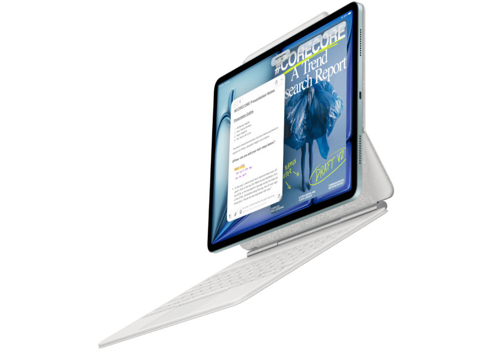 TABLET APPLE IPAD AIR 2026 M4 iPad Air w białym etui z klawiaturą, pokazujący notatki i cyfrowy magazyn funkcja etui klawisze funkcyjne gładzik ochrona tabletu wygoda pisania