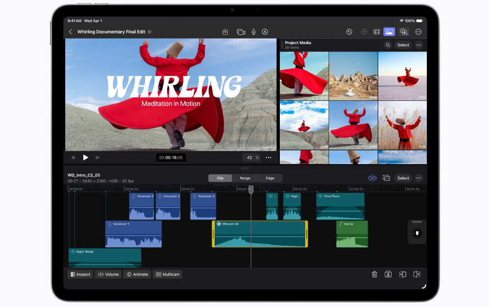 TABLET APPLE IPAD AIR 2026 M4 iPad Air wyświetlający interfejs profesjonalnej edycji wideo z osią czasu i klipami przedstawiającymi wirującego tancerza 2 głośniki 2 mikrofony głęboki dźwięk czysty dźwięk basy