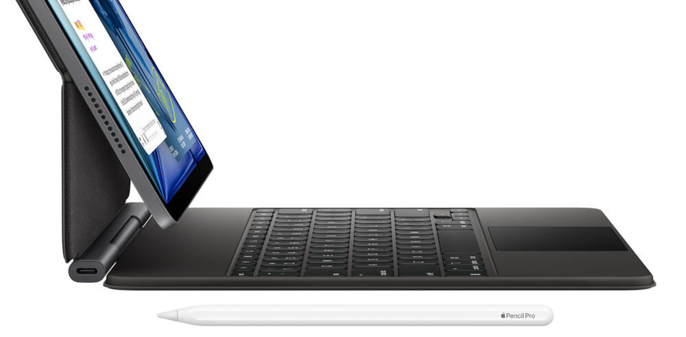 TABLET APPLE IPAD AIR 2026 M4 Bok smukłego iPada Air z klawiaturą Magic Keyboard i rysikiem Apple Pencil Pro apple pencil czułośc dokładność co do piksela kontrola nad ruchem