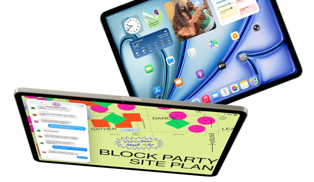 TABLET APPLE IPAD AIR 2026 M4 Dwa iPady Air pokazujące aplikację Wiadomości oraz projekt graficzny ochrona prywatności prywatna chmura obliczeniowa bezpieczeństwa danych modele AI