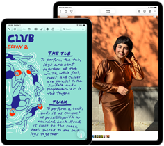 Dwa iPady Air w rozmiarach 11 i 13&nbsp;cali, na ekranie 11‑calowego modelu przedstawiony jest kolorowy tekst w aplikacji Notatki, na ekranie 13‑calowego modelu przedstawione jest zdjęcie osoby w aplikacji Zdjęcia