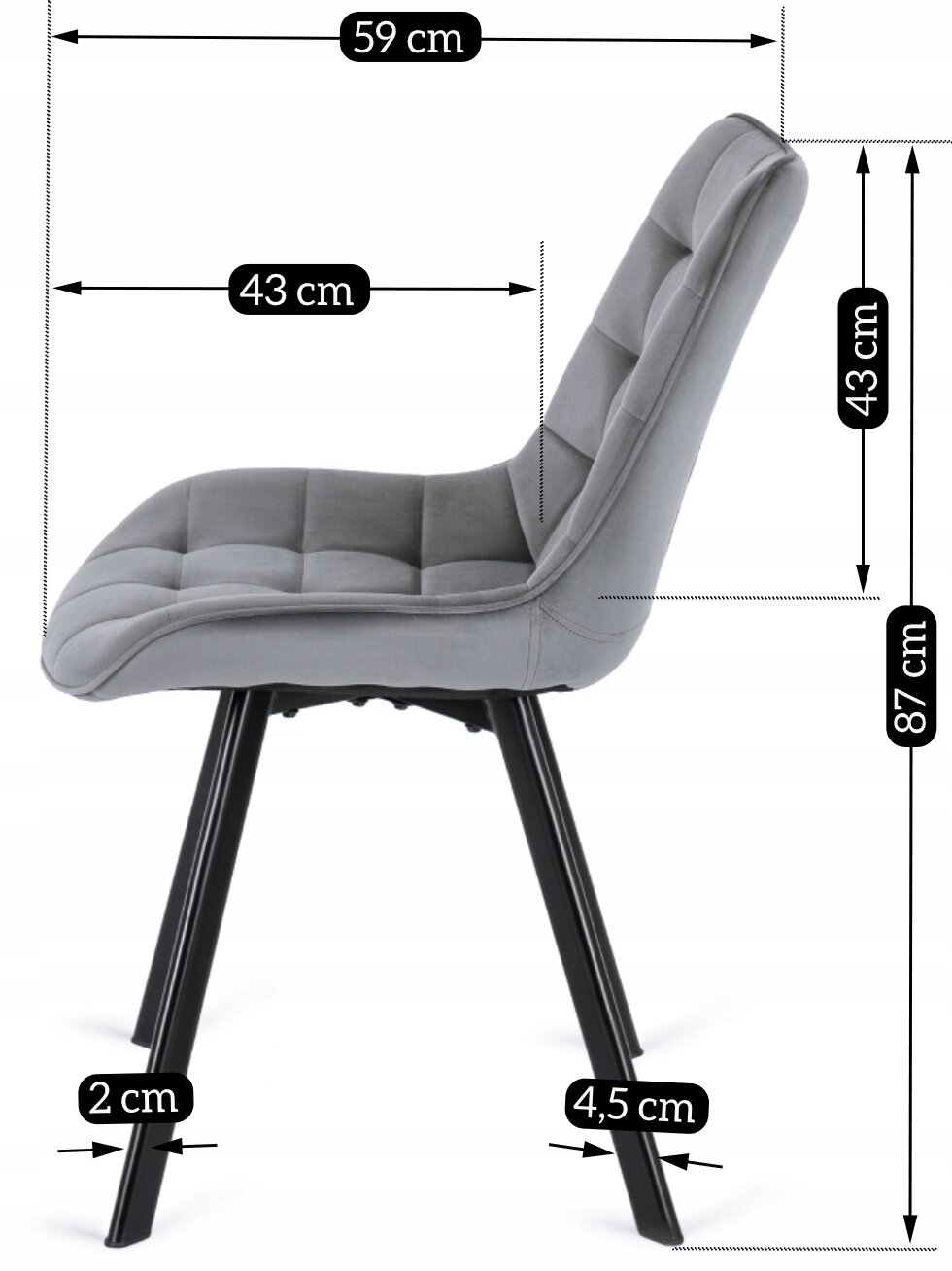 Obraz przedstawia szare, tapicerowane krzesło z czarnymi nogami, z wymiarami: wysokość 87 cm, głębokość siedziska 43 cm, szerokość 59 cm, grubość nóg 2 cm i 4,5 cm.