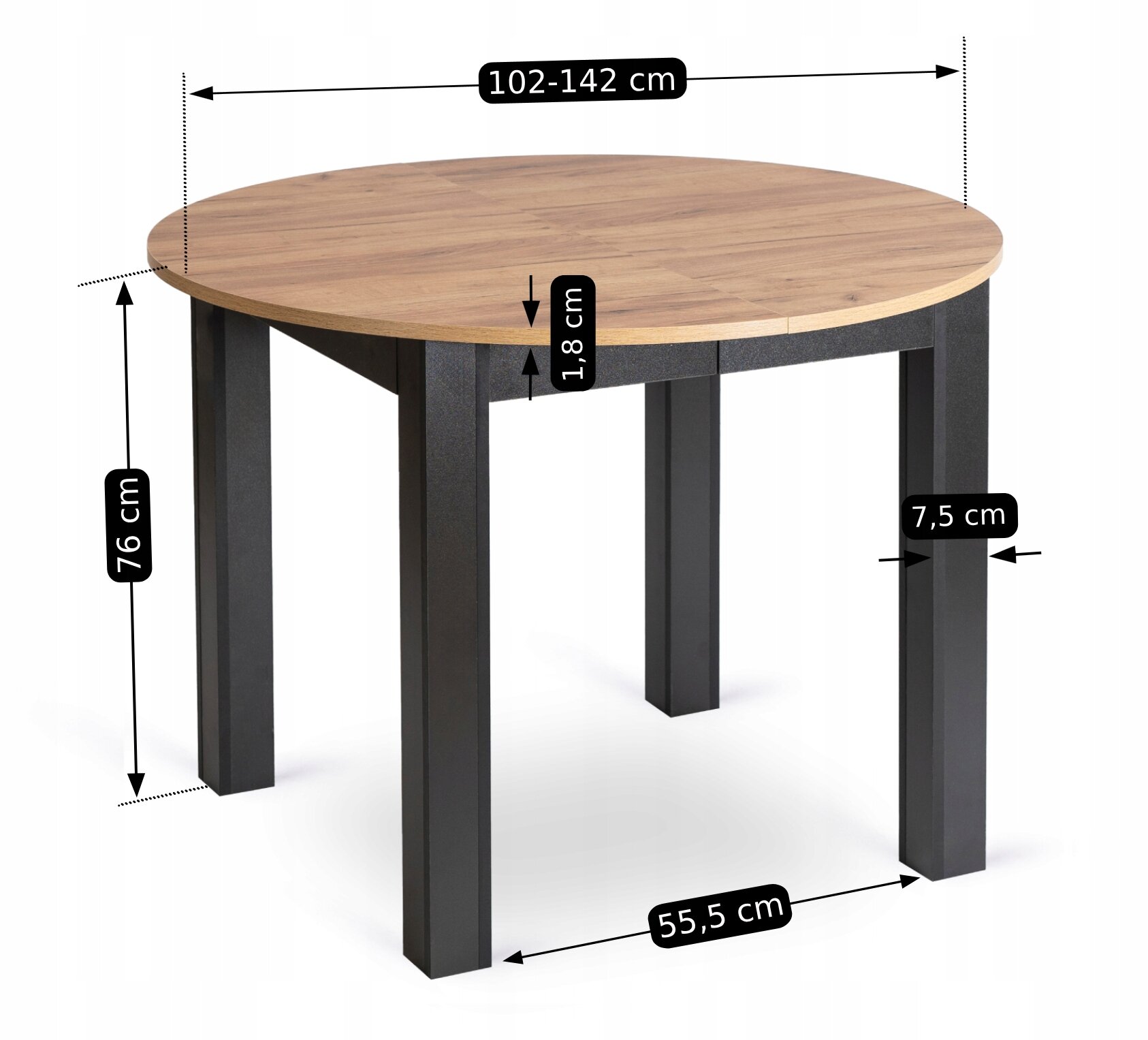 Okrągły stół z drewnianym blatem i czarnymi nogami, z wymiarami: średnica 102-142 cm, wysokość 76 cm, grubość blatu 1,8 cm, szerokość nóg 7,5 cm i rozstaw nóg 55,5 cm.