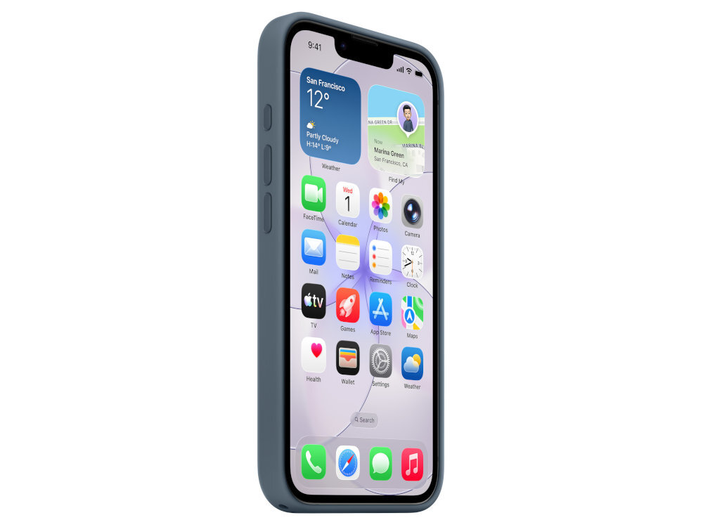 Etui APPLE Silicone Case MagSafe telefon z założonym etui ustawiony przodem po skosie widoczny bok