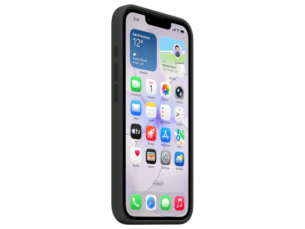 Etui APPLE Silicone Case MagSafe telefon z założonym etui ustawiony przodem po skosie widoczny bok