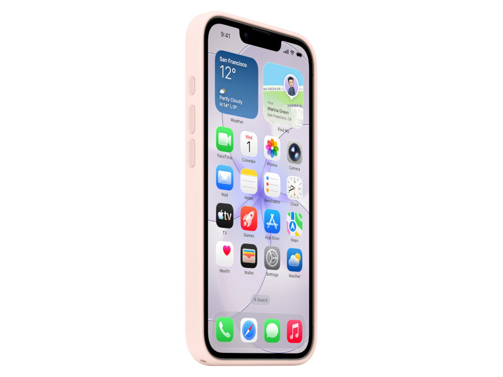 Etui APPLE Silicone Case MagSafe telefon z założonym etui ustawiony przodem po skosie widoczny bok