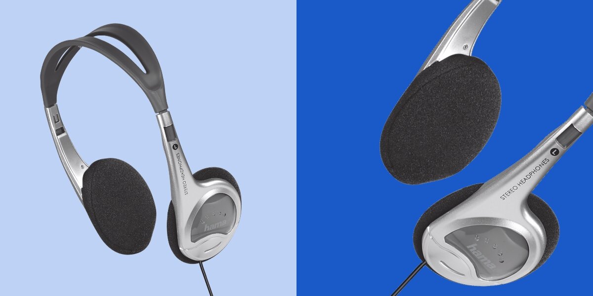 Słuchawki nauszne HAMA HK-229 Srebrny Srebrno-czarne słuchawki stereo Hama z miękkimi gąbkami oraz zbliżenie na nausznik z widocznym oznaczeniem kanału lewego.