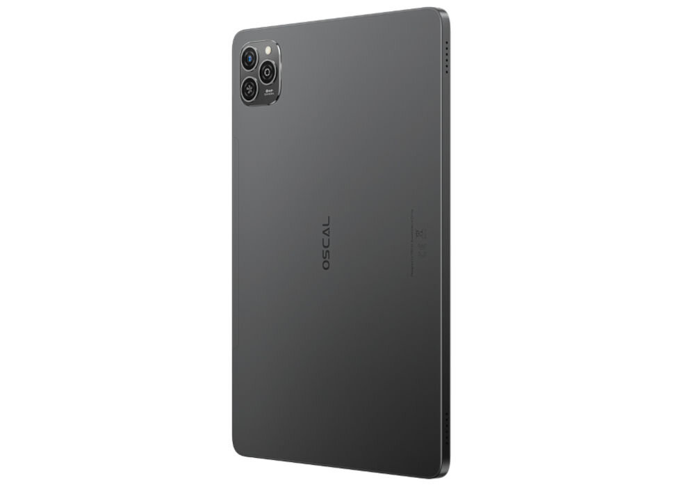 Tablet OSCAL Pad 9 10.1 cali 4/128 GB Wi-Fi LTE Szary prezentacja urządzenia od tyłu pod kątem na białym tle wbudowany modem LTE karta SIM podróże mobilni użytkownicy