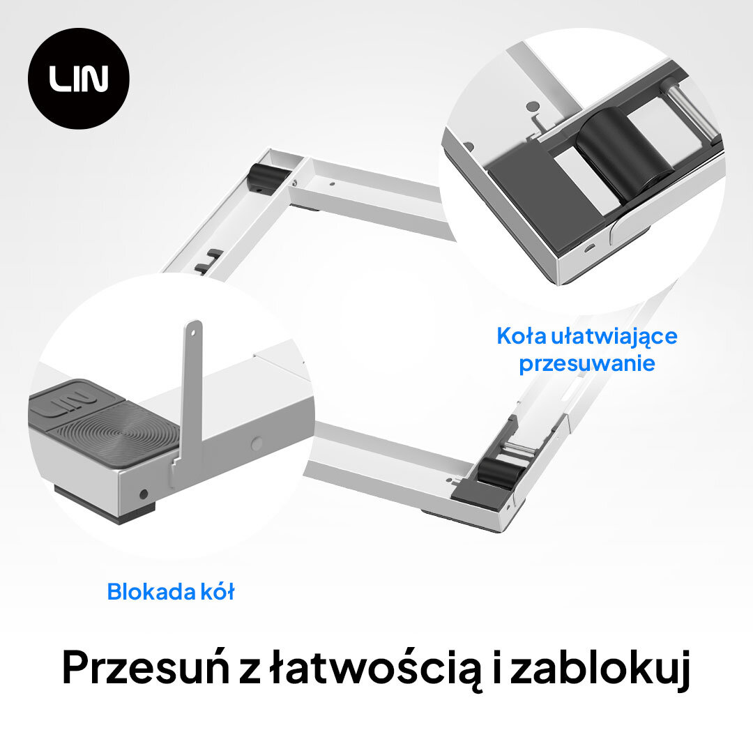 PODSTAWA POD PRALKĘ I SUSZARKĘ LIN LI10W Na tym zdjęciu zaprezentowano tę samą metalową ramę/podstawę z parametrami: szerokość 60 cm, głębokość 44-60 cm, wysokość 4 cm. Pokazane są ikony różnych sprzętów AGD, takich jak pralka, suszarka, lodówka, kuchenka. Podpis: „Uniwersalne zastosowanie” kółka do pralki przesuwanie pralki suszarki łatwe przesuwanie sprzątanie reorganizacja przestrzeni boczne hamulce blokada kół stabilne ustawienie urządzenia bezpieczeństwo komfort użytkowania