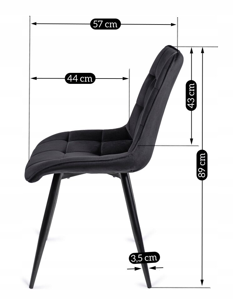 Czarne, tapicerowane krzesło z metalowymi nogami, przedstawione z boku. Wymiary: głębokość siedziska 44 cm, szerokość 57 cm, wysokość całkowita 89 cm, wysokość siedziska 43 cm, średnica nogi 3,5 cm.