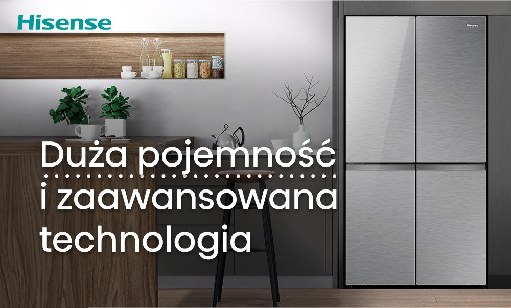 LODÓWKA HISENSE RQ758N4SGIE1 lifestyle przód zamknięta lodówka kolor srebrny front logo napis pojemna funkcjonalna connectlife My Fresh Choice Metal-Tech Cooling Tripple Cooling