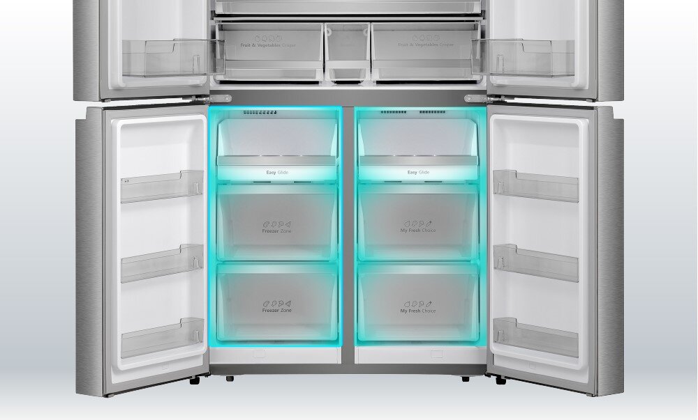 LODÓWKA HISENSE RQ758N4SGIE1 pojemne szuflady zamrażarka duże produkty przezroczysta konstrukcja