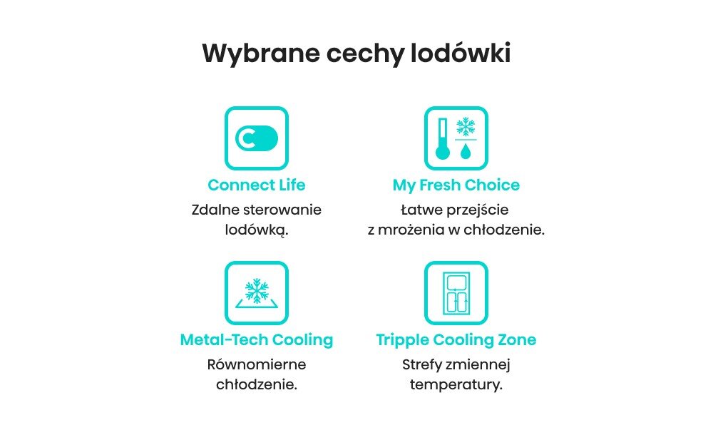 LODÓWKA HISENSE RQ758N4SGIE1 cechy ikony connectlife My Fresh Choice Metal-Tech Cooling Tripple Cooling