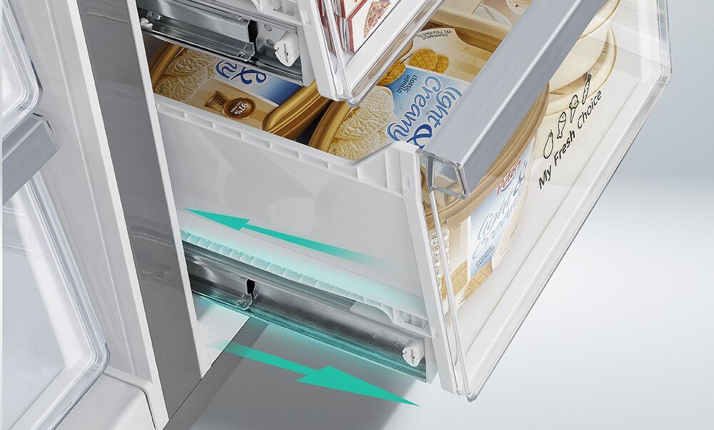 LODÓWKA HISENSE RQ758N4SGIE1 Szuflady z metalowymi prowadnicami łatwe szybkie wysuwanie wytrzymałe Szuflady