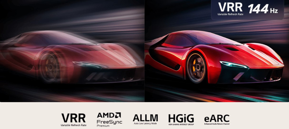 Telewizor LG 65QNED93A6A 144Hz VRR FreeSync płynna rozgrywka, sportowe auto jadące z dużą prędkością