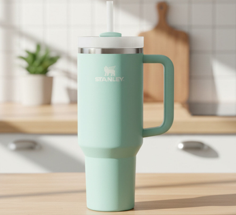 Kubek termiczny STANLEY Quencher H2.0 FlowState Tumbler trzymany w ręce przez uśmiechniętą osobę