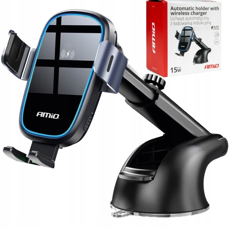 Na obrazie widoczny jest uchwyt samochodowy na telefon z funkcją ładowania indukcyjnego, z logo \'AMiO\'. Obok znajduje się pudełko z napisem \'Automatic holder with wireless charger Uchwyt automatyczny z ładowarką indukcyjną 15W AMiO\'.