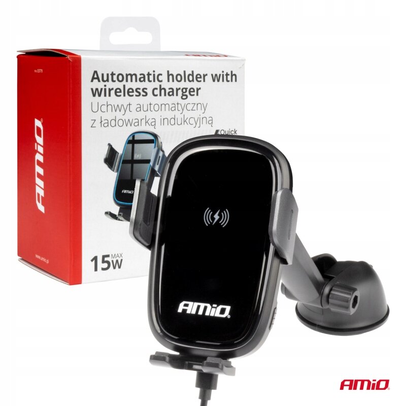 Na obrazie znajduje się uchwyt samochodowy z ładowarką indukcyjną marki AMiO, obok którego widoczne jest opakowanie z napisem \'Automatic holder with wireless charger Uchwyty automatyczny z ładowarką indukcyjną\'.