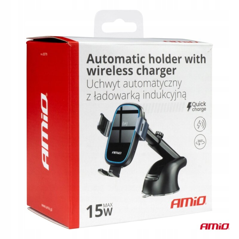 Opakowanie produktu z napisem \'Automatic holder with wireless charger\' oraz \'Uchwyt automatyczny z ładowarką indukcyjną\'. Widoczny jest uchwyt samochodowy na telefon z funkcją ładowania bezprzewodowego, logo AMiO oraz oznaczenie \'15 MAX W\'.