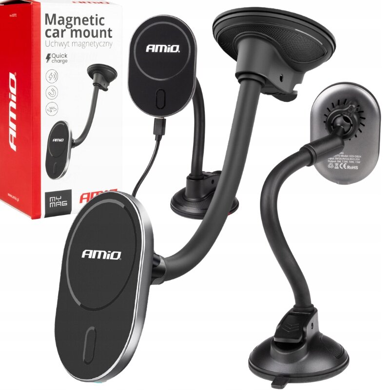 Na obrazie widoczny jest magnetyczny uchwyt samochodowy z logo \'AMiO\', z elastycznym ramieniem i przyssawką. Obok znajduje się pudełko z napisem \'Magnetic car mount Uchwyty magnetyczny\' oraz ikonami wskazującymi na funkcje szybkiego ładowania.